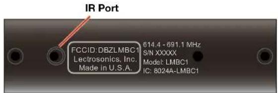 IR Port FCCID: DBZLMBC1 Lectrosonics, Inc. Made in U.S.A. 614.4 - 691.1 MHz S/N XXXXX Model: LMBC1 IC: 8024A-LMBC1