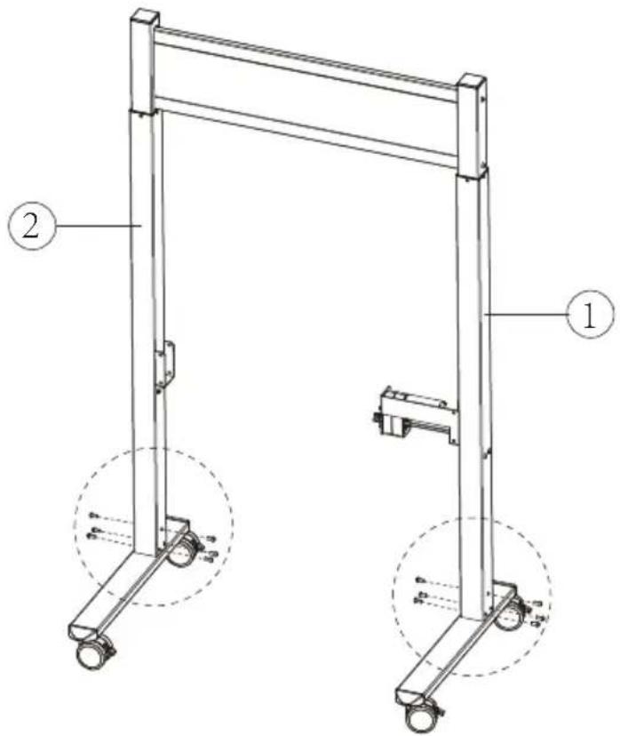 Technical diagram of a mechanical support structure with labeled components 1 and 2