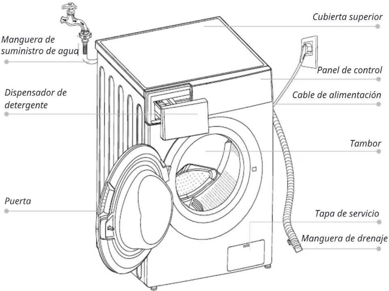 Manguera de suministro de agua Dispensador de detergente Puerta Cubierta superior Panel de control Cable de alimentación Tambor Tapa de servicio Manguera de drenaje