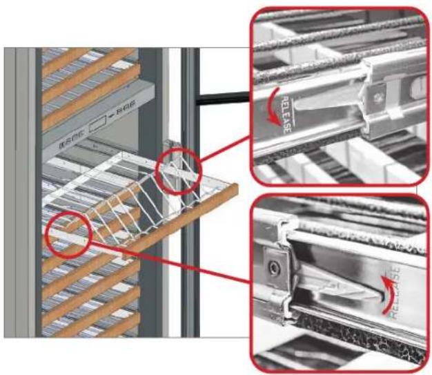 Technical diagram showing mechanical assembly with labeled parts and red annotations highlighting features like 'NO LEASE' and 'BEE'