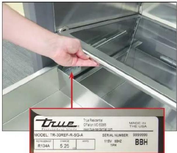 TRUE PROFESSIONAL SERVICE True Residential OFFION MO 83365 MADE IN THE USA MODEL: TR-30REF-R-SG-A SERIAL NUMBER: 9999999 REFRIGERANT CHARGE ANSYS 115V 60HZ BBH R134A 5.25 1PH