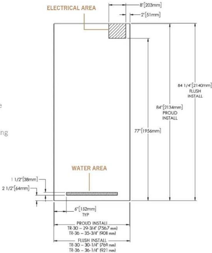 ELECTRICAL AREA 8" [203mm] 2" [51mm] WATER AREA 1 1/2" [38mm] 2 1/2" [64mm] 6" [152mm] TYP PROUD INSTALL TR-30 - 29-3/4" (756.7 mm) TR-36 - 35-3/4" (908 mm) FLUSH INSTALL TR-30 - 30-1/4" (769 mm) TR-36 - 36-1/4" (921 mm) 77" [1956mm] 84 1/4" [2140mm] FLUSH INSTALL PROUD INSTALL 84" [2134mm]