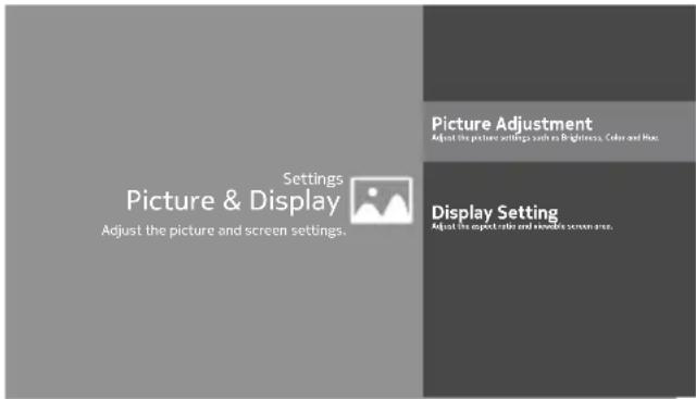Settings Picture & Display Adjust the picture and screen settings. Picture Adjustment Adjust the picture settings such as brightness, color and hue. Display Setting Adjust the aspect ratio and monitor screen area.