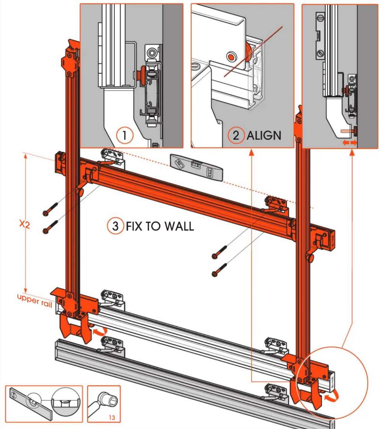 ① ② ALIGN ③ FIX TO WALL X2 upper rail 13