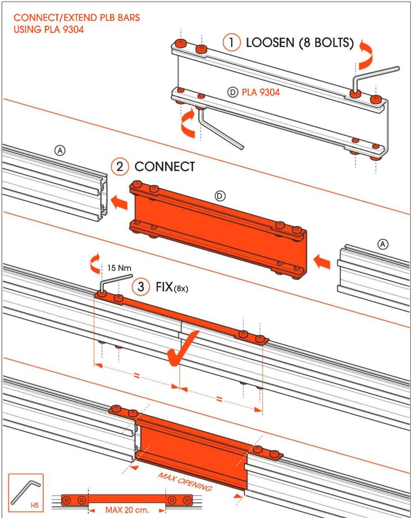 CONNECT/EXTEND PLB BARS USING PLA 9304 ① LOOSEN (8 BOLTS) ② CONNECT 15 Nm ③ FIX(8x) MAX OPENING MAX 20 cm. H5