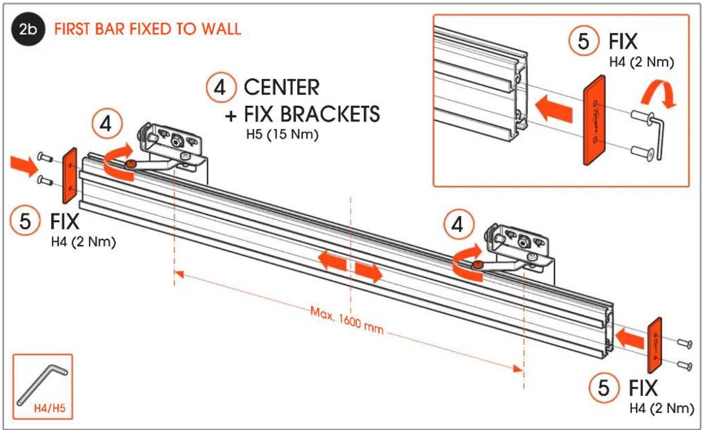 2b FIRST BAR FIXED TO WALL 4 CENTER + FIX BRACKETS H5 (15 Nm) 5 FIX H4 (2 Nm) Max. 1600 mm 5 FIX H4 (2 Nm)