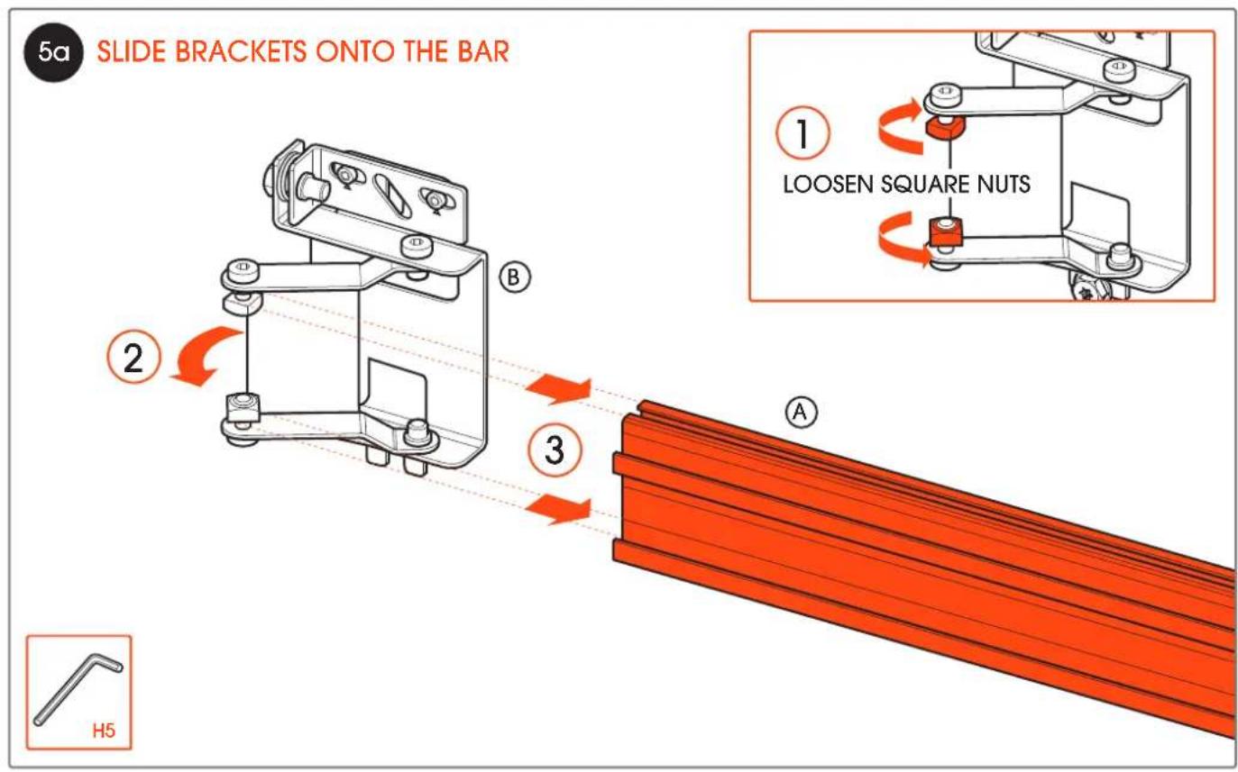 5a SLIDE BRACKETS ONTO THE BAR ① LOOSEN SQUARE NUTS ② ③ A H5