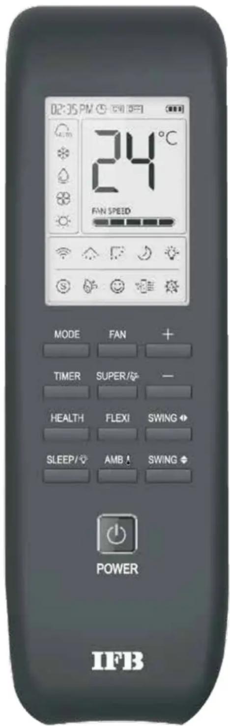 02:35 PM 24°C FAN SPEED MODE FAN + TIMER SUPER/- HEALTH FLEXI SWING SLEEP/ AMB ! SWING POWER IFB