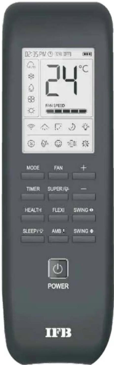 02:35 PM 24°C FAN SPEED MODE FAN + TIMER SUPER/- HEALTH FLEXI SWING SLEEP/ AMB ! SWING POWER IFB
