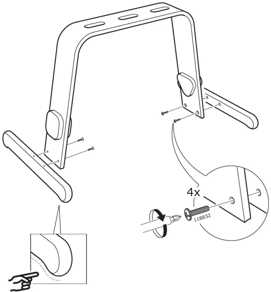 Technical diagram showing mechanical assembly with dimension annotations and a 4x magnified detail view of a bolted component labeled '118832'.