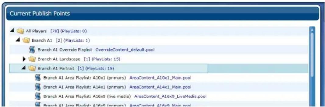 Current Publish Points All Players [78] (PlayLists: 0) Branch A1 [2] (PlayLists: 1) Branch A1 Override Playlist OverrideContent_default.pool Branch A1 Landscape [1] (PlayLists: 15) Branch A1 Portrait [1] (PlayLists: 15) Branch A1 Area Playlist: A10x1 (primary) AreaContent_A10x1_Main.pool Branch A1 Area Playlist: A14x1 (primary) AreaContent_A14x1_Main.pool Branch A1 Area Playlist: A16x9 (live media) AreaContent_A16x9_LiveMedic.pool Branch A1 Area Playlist: A16x9 (primary) AreaContent_A16x9_Main.pool