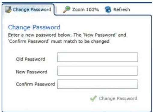 Change Password Zoom 100% Refresh Change Password Enter a new password below. The 'New Password' and 'Confirm Password' must match to be changed Old Password New Password Confirm Password ✓ Change Password