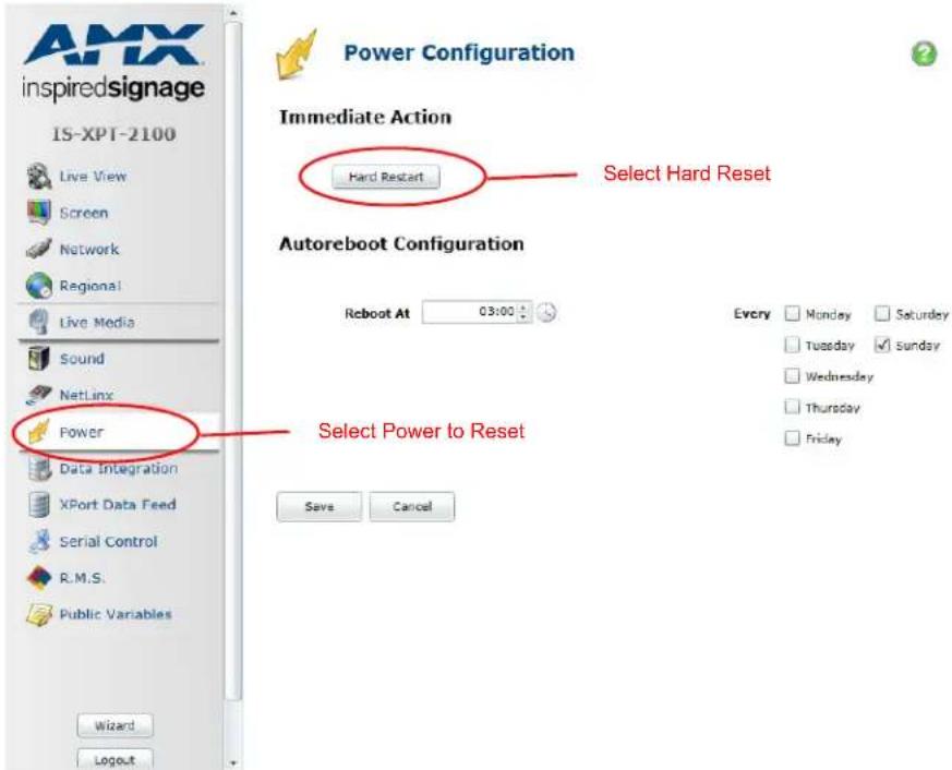 AMX inspiredsignage IS-XPT-2100 Live View Screen Network Regional Live Media Sound NetLinx Power Data Integration XPort Data Feed Serial Control R.M.S. Public Variables Wizard Logout Power Configuration Immediate Action Hard Restart Select Hard Reset Autoreboot Configuration Reboot At 03:00 Every Monday Saturday Tuesday Sunday Wednesday Thursday Friday Select Power to Reset Save Cancel