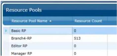 Resource Pools Resource Pool Name ▲ Resource Count Basic RP 0 Branch4-RP 513 Editor RP 0 Manager RP 0