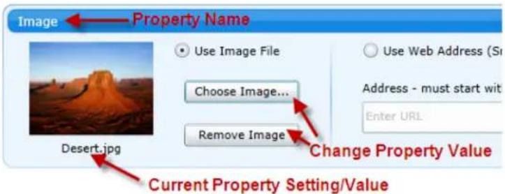 Image Property Name Use Image File Choose Image... Remove Image Use Web Address (S) Address - must start with Enter URL Desert.jpg Change Property Value Current Property Setting/Value