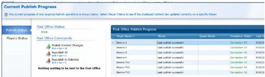 Current Publish Progress ① The current progress of any ongoing Publish operations is shown below. Select Player Status to see if the displayed content has updated correctly on a specific Player. Publish Status Alive Post Office Commands Publish Content Changes Shift + Ctrl - M Republish All Shift + Ctrl - Y Republish to Selected Shift + Ctrl - X Nothing waiting to be sent to the Post Office Post Office Publish Progress Player Name • Status Queue Status Connection Status Last Dennis-1 Last publish successful Connection OK 9/10/20 Dennis-2 Last publish successful Connection OK 9/10/20 Dennis-3 Last publish successful Connection OK 9/10/20 Dennis-4 Last publish successful Connection OK 9/10/20 Dennis-TV1 Last publish successful Connection OK 9/10/20 Dennis-TV2 Last publish successful Connection OK 9/10/20 Dennis-TV3 Last publish successful Connection OK 9/10/20