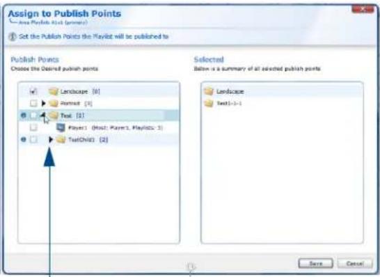 Assign to Publish Points Area Publish A1 (Primary) Set the Publish Points the Playlist will be published to Publish Points Choose the Desired publish points Landscape: [8] Portrait: [3] Text: [2] Player1 (Host: Player1, PlayInfo: 1) TextChild: [2] Selected Below is a summary of all selected publish points Landscape Text1->1 Save Cancel