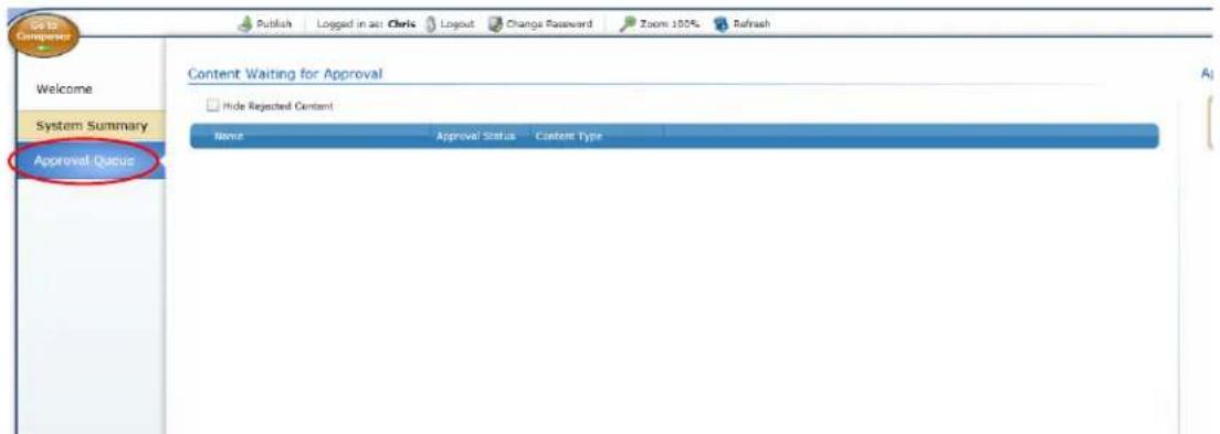 Go to Compressor Welcome System Summary Approval Queue Publish Logged in ac Chris Logout Change Password Zoom 100% Refresh Content Waiting for Approval Hide Rejected Content Name Approval Status Content Type