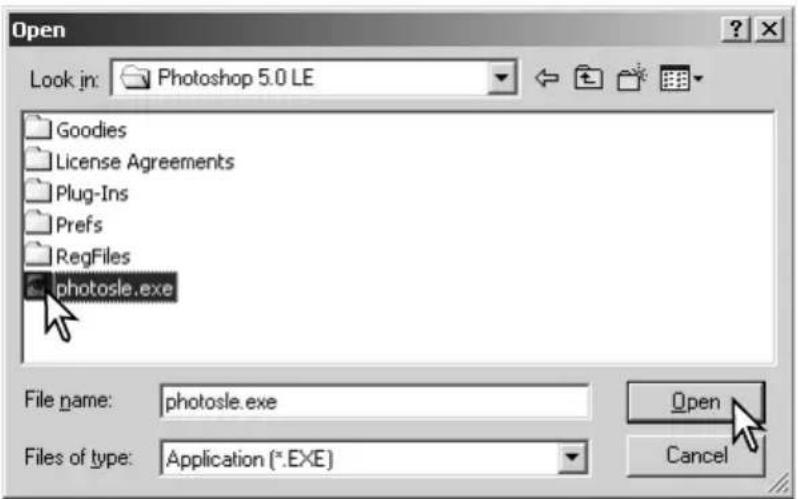 Open Look in: Photoshop 5.0 LE Goodies License Agreements Plug-Ins Prefs RegFiles photosle.exe File name: photosle.exe Files of type: Application (*.EXE) Open Cancel