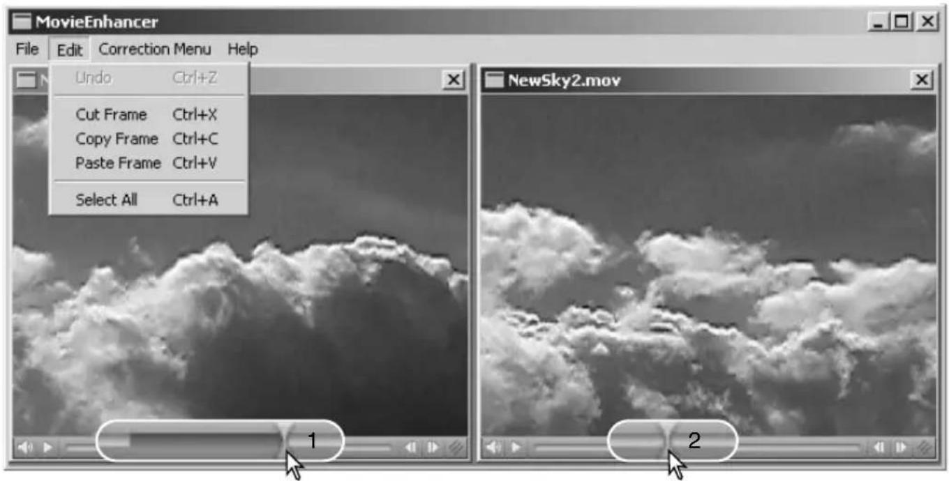 MovieEnhancer File Edit Correction Menu Help Undo Ctrl+Z Cut Frame Ctrl+X Copy Frame Ctrl+C Paste Frame Ctrl+V Select All Ctrl+A 1 2 NewSky2.mov