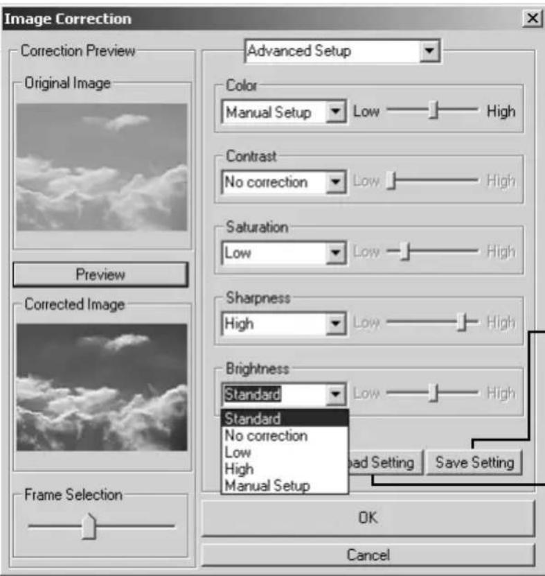 Image Correction Correction Preview Original Image Preview Corrected Image Frame Selection Advanced Setup Color Manual Setup Low High Contrast No correction Low High Saturation Low Low High Sharpness High Low High Brightness Standard Low High Standard No correction Low High Manual Setup OK Cancel
