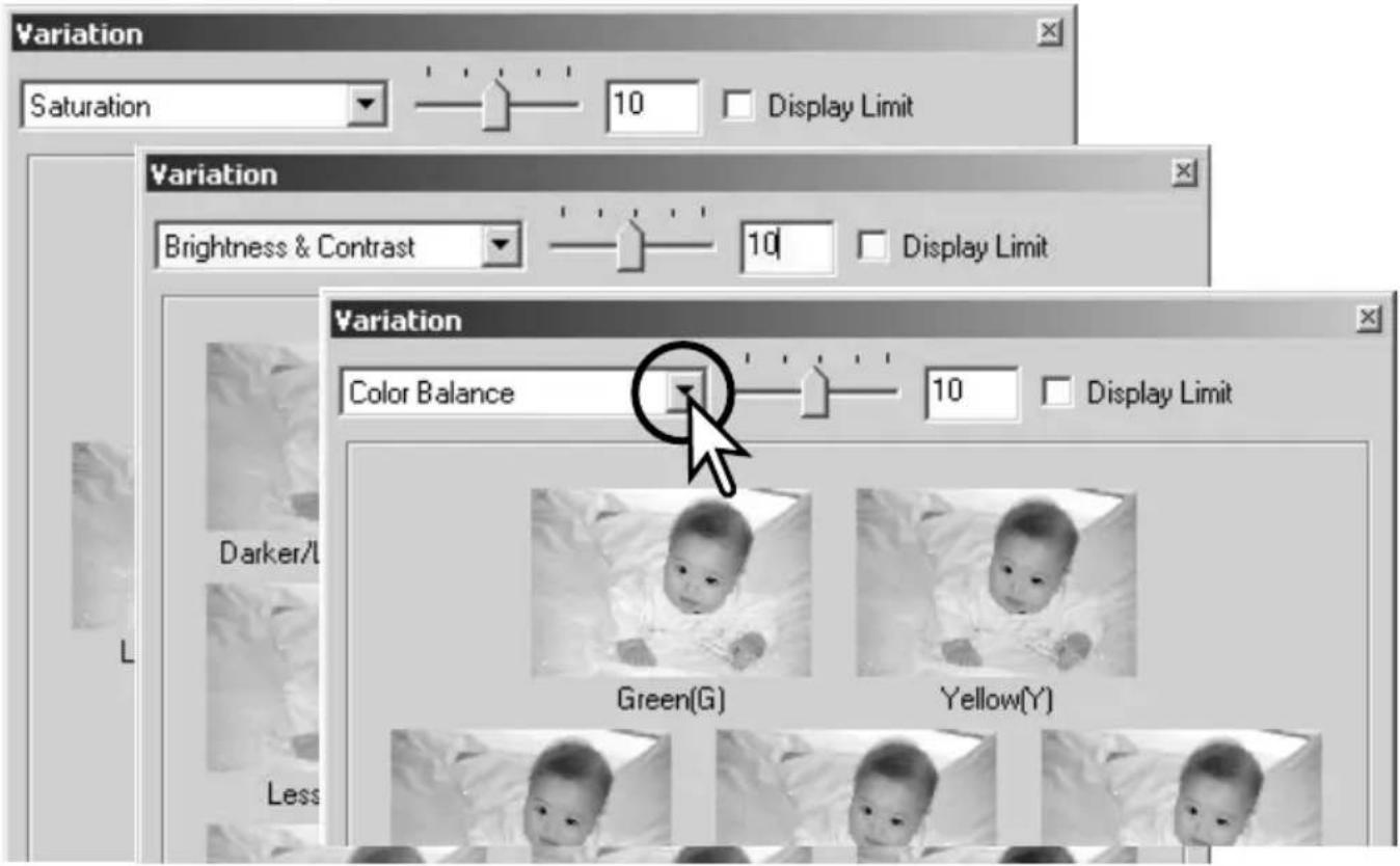 Variation Saturation 10 Display Limit Variation Brightness & Contrast 10 Display Limit Variation Color Balance 10 Display Limit Darker/L Green(G) Yellow(Y) Less