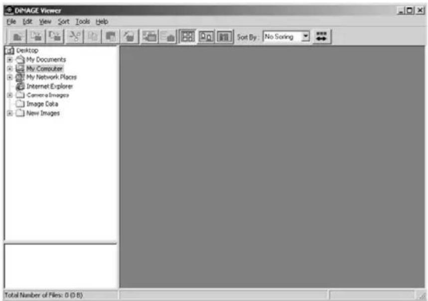 IMAGE Viewer File Edit View Sort Tools Help Desktop My Documents My Computer My Network Places Internet Explorer Camera Images Image Data New Images Sort By: No Sorting Total Number of Files: 0 (0.8)