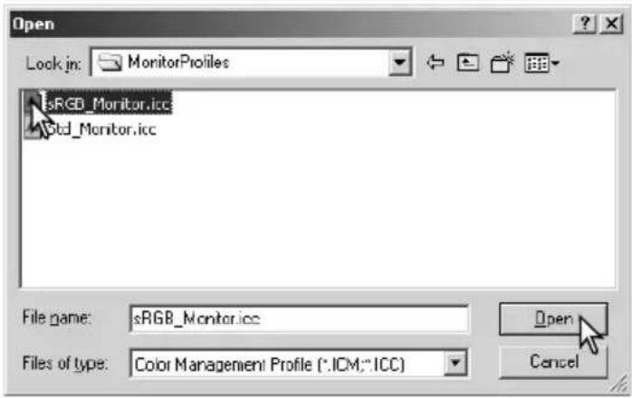 Open Lock in: MonitorProfiles sRGB_Monitor.icc Std_Monitor.icc File name: sRGB_Monitor.icc Files of type: Color Management Profile (*.ICM;*.ICC) Open Cancel