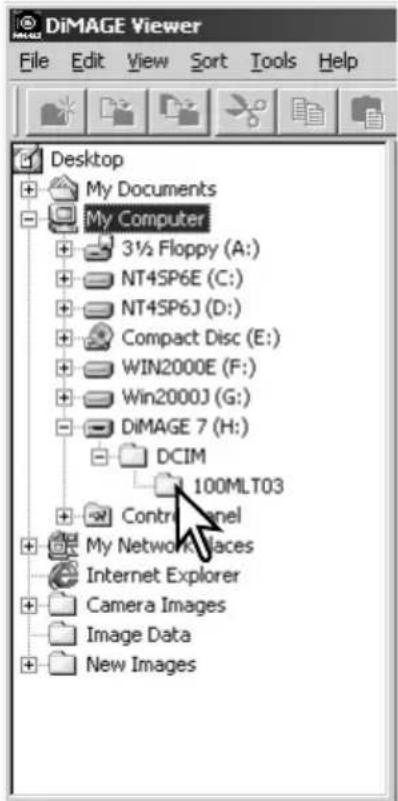 DiMAGE Viewer File Edit View Sort Tools Help Desktop My Documents My Computer 3½ Floppy (A:) NT4SP6E (C:) NT4SP6J (D:) Compact Disc (E:) WIN2000E (F:) Win2000J (G:) DiMAGE 7 (H:) DCIM 100MLT03 Contral panel My Network Spaces Internet Explorer Camera Images Image Data New Images