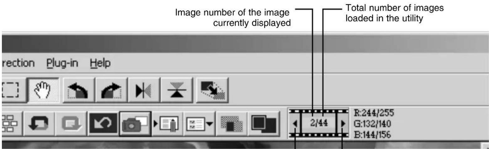 Image number of the image currently displayed Total number of images loaded in the utility 2/44 R:244/255 G:132/140 B:144/156