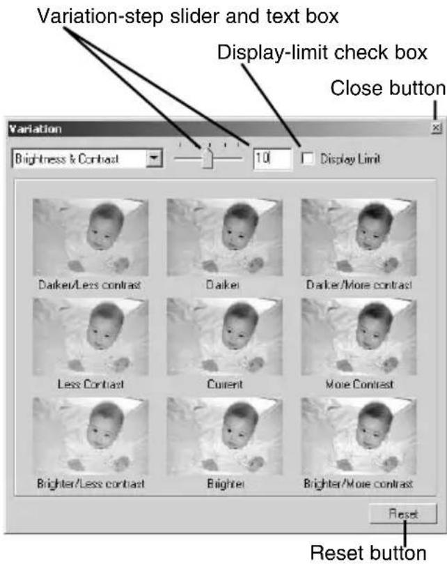 Variation-step slider and text box Display-limit check box Close button Variation Brightness & Contrast 10 Display Limit Dalke/Less contrast Dalkei Dalkei/More contrast Less Contrast Current More Contrast Brighter/Less contrast Brighter Brighter/More contrast Reset Reset button