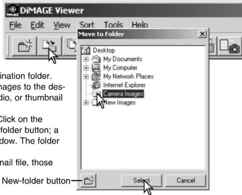 DiMAGE Viewer File Edit View Sort Tools Help Move to Folder Desktop My Documents My Computer My Network Places Internet Explorer Camera Images New Images Select Cancel Ination folder. Images to the des- dio, or thumbnail Click on the folder button; a dow. The folder mail file, those New-folder button