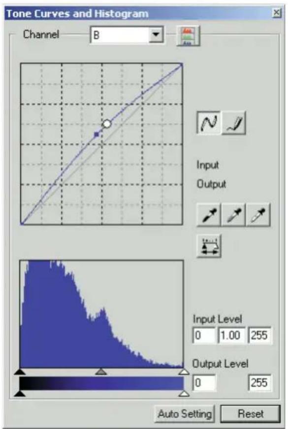 Tone Curves and Histogram Channel B Input Output Input Level 0 1.00 255 Output Level 0 255 Auto Setting Reset