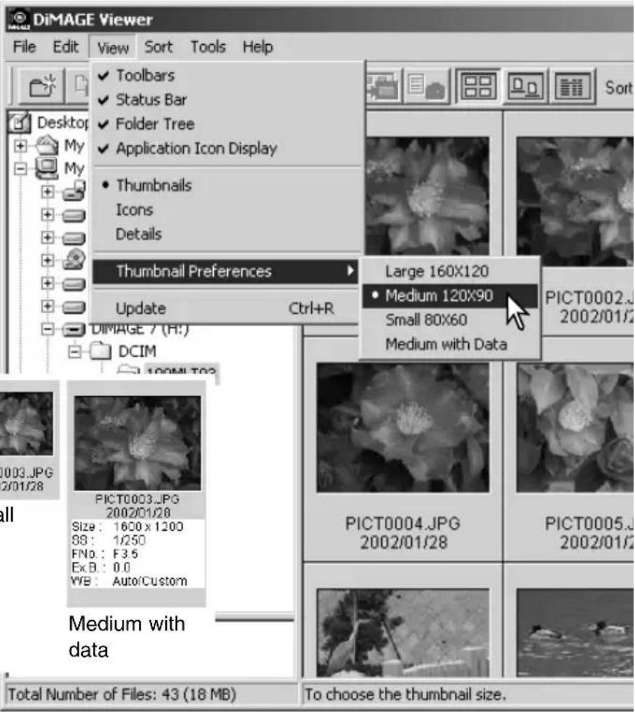 DiMAGE Viewer File Edit View Sort Tools Help Toolbars Status Bar Folder Tree Application Icon Display Thumbnails Icons Details Thumbnail Preferences Update Ctrl+R Large 160X120 Medium 120X90 Small 80X60 Medium with Data PICT0002.JPG 2002/01/28 PICT0003.JPG 2002/01/28 Size: 1600 x 1200 SS: 1/250 FNo.: F3.5 Ex.B.: 0.0 YYB: Auto/Custom PICT0004.JPG 2002/01/28 PICT0005.JPG 2002/01/28 Medium with data Total Number of Files: 43 (18 MB) To choose the thumbnail size.