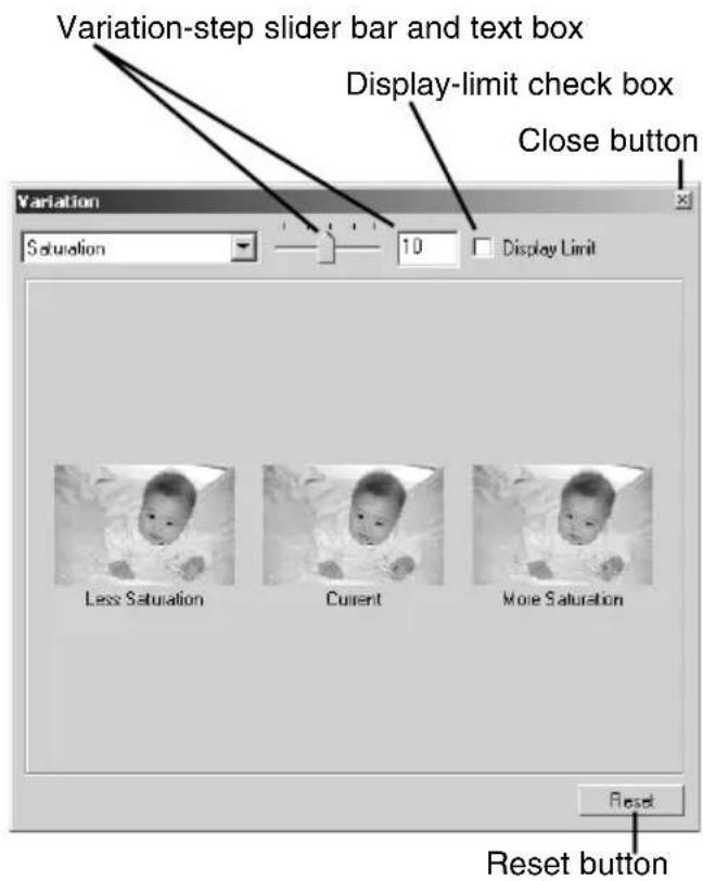 Variation-step slider bar and text box Display-limit check box Close button Variation Saturation 10 Display Limit Less Saturation Current More Saturation Reset Reset button