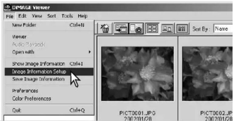 DIMAGE Viewer File Edit View Sort Tools Help New Folder Ctrl+N Viewer Audio Playback Open with Show Image Information Ctrl+I Image Information Setup Save Image Information Preferences Color Preferences Quit Ctrl+Q Sort By: Name PICT0001.JPG 2002/01/28 PICT0002.JP 2002/01/28