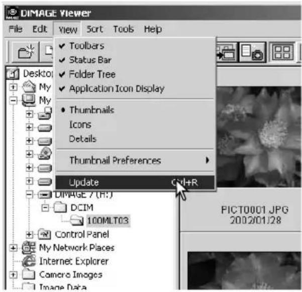 DIMAGE Viewer File Edit View Sort Tools Help Toolbars Status Bar Folder Tree Application Icon Display Thumbnails Icons Details Thumbnail Preferences Update Ctrl+R DIMAGE 7 (F:) DCIM 100MLT03 Control Panel My Network Places Internet Explorer Camera Images Image Data PICT0001.JPG 2002/01/28