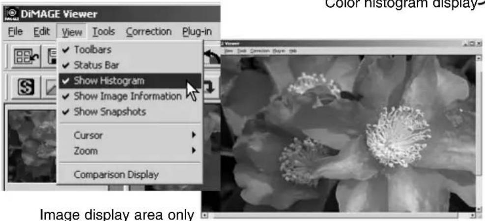 DiMAGE Viewer File Edit View Tools Correction Plug-in Toolbars Status Bar Show Histogram Show Image Information Show Snapshots Cursor Zoom Comparison Display Image display area only Color Histogram display