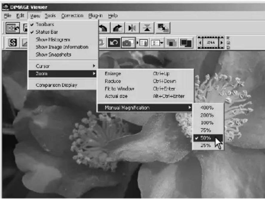 DIMAGE Viewer File Edit View Tools Correction Plug-in Help Toolbars Status Bar Show Histogram Show Image Information Show Snapshots Cursor Zoom Comparison Display Enlarge Ctrl+Up Reduce Ctrl+Down Fit to Window Ctrl+Enter Actual size Alt+Ctrl+Enter Manual Magnification 400% 200% 100% 75% ✓ 50% 25%