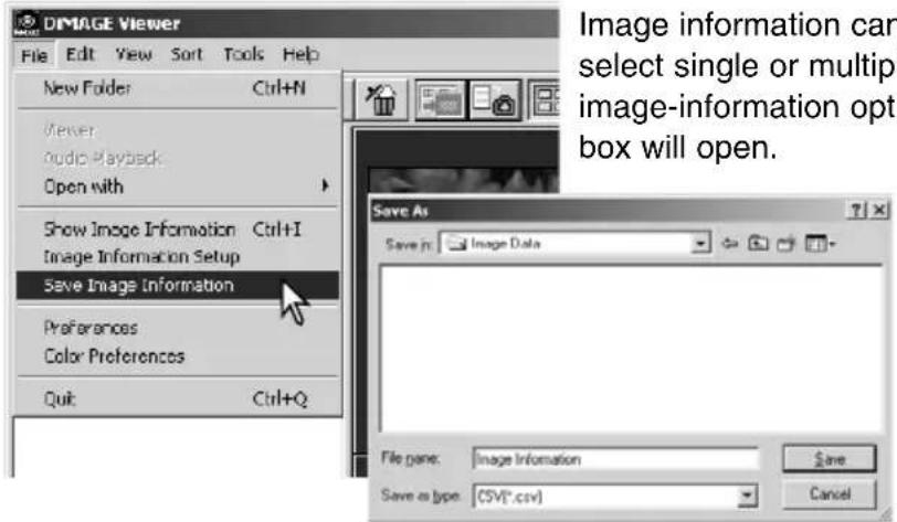 DIMAGE Viewer File Edit View Sort Tools Help New Folder Ctrl+N Preview Audio Playback Open with Show Image Information Ctrl+I Image Information Setup Save Image Information Preferences Color Preferences Quit Ctrl+Q Save As Save in: Image Data File pane: Image Information Save as type: (CSV*.csv) Save Cancel Image information can select single or multiple image-information options will open.