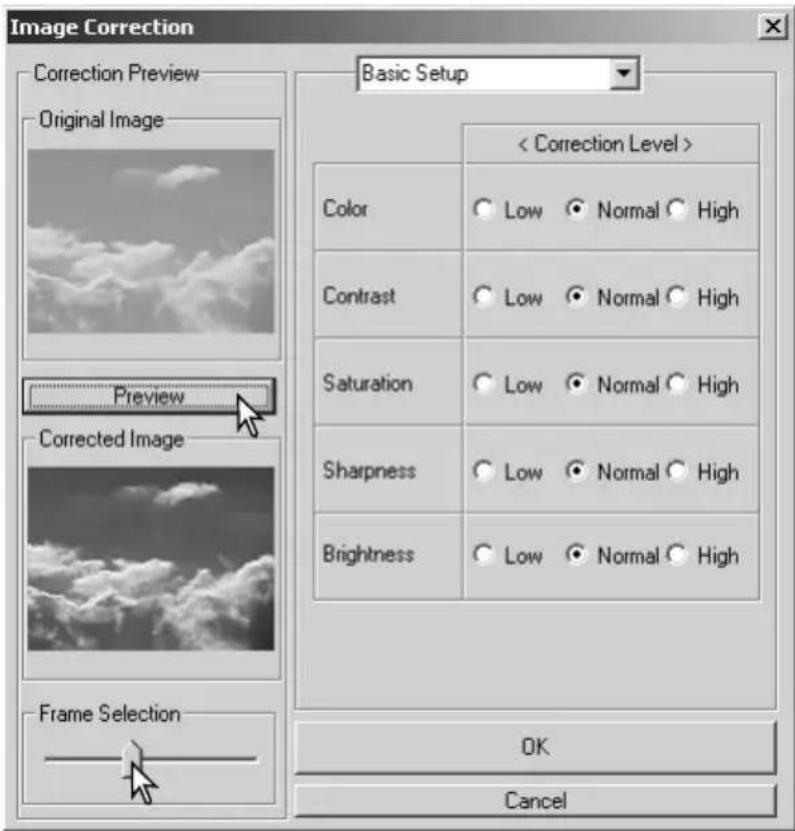 Image Correction Correction Preview Original Image Preview Corrected Image Frame Selection Basic Setup < Correction Level > Color Low Normal High Contrast Low Normal High Saturation Low Normal High Sharpness Low Normal High Brightness Low Normal High OK Cancel