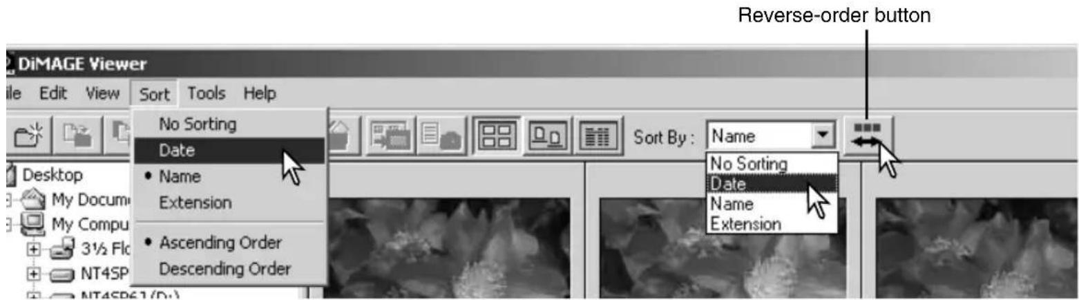 DiMAGE Viewer File Edit View Sort Tools Help No Sorting Date Name Extension Ascending Order Descending Order Sort By : Name No Sorting Date Name Extension Desktop My Docum My Compu 3½ Flc NT4SP NT4SP6.1(Dy) Reverse-order button