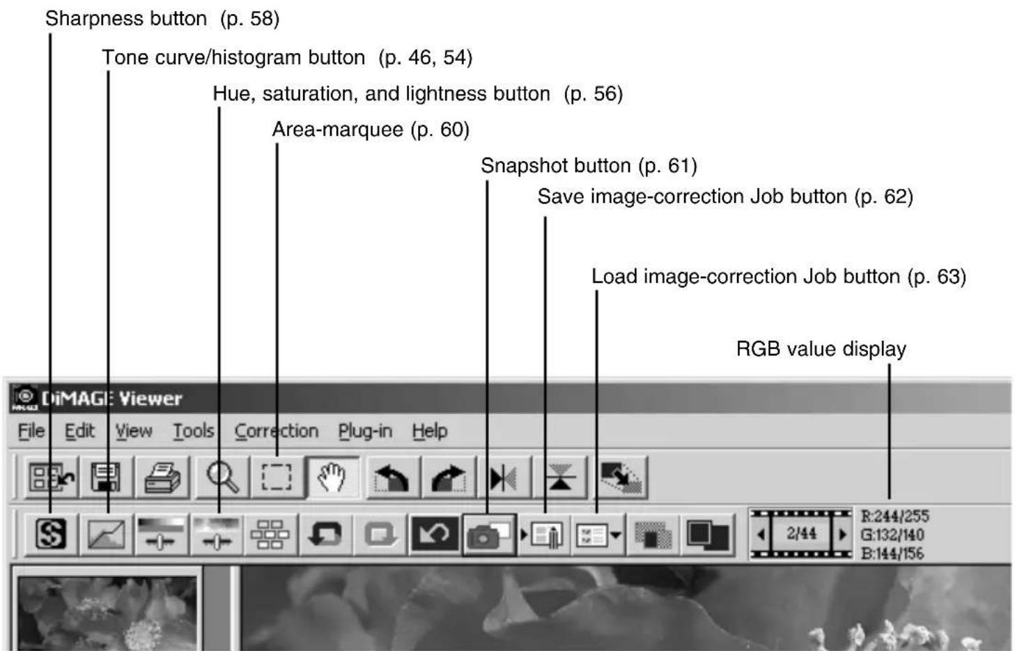 Sharpness button (p. 58) Tone curve/histogram button (p. 46, 54) Hue, saturation, and lightness button (p. 56) Area-marquee (p. 60) Snapshot button (p. 61) Save image-correction Job button (p. 62) Load image-correction Job button (p. 63) RGB value display DiMAGE Viewer File Edit View Tools Correction Plug-in Help 2/44 R:244/255 G:132/140 B:144/156