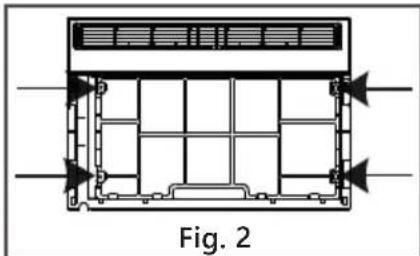 Technical diagram of an air conditioning unit with ventilation grilles and airflow arrows (no text or labels)
