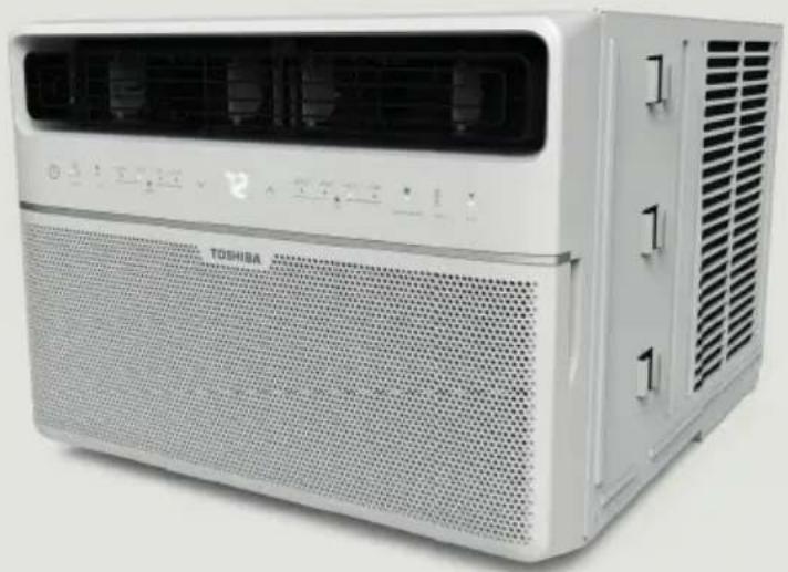 White Toshiba portable air conditioner unit with ventilation grilles and control panel (no visible text or symbols)