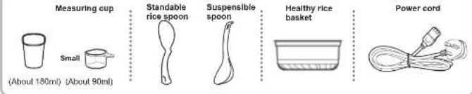 Measuring cup Small (About 180ml) (About 90ml) Standalone rice spoon Suspensible spoon Healthy rice basket Power cord