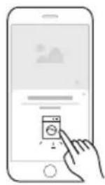 Illustration of a hand interacting with a washing machine on a smartphone screen (no text or symbols visible).