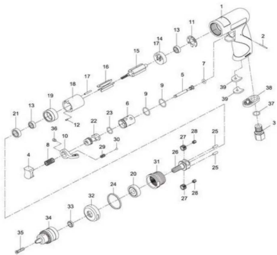Exploded view diagram of a mechanical assembly with numbered components for identification