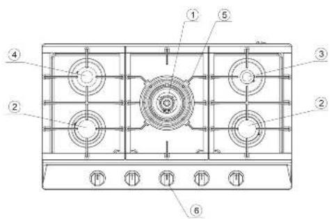Technical diagram of a four-gas stove with numbered components and labeled parts