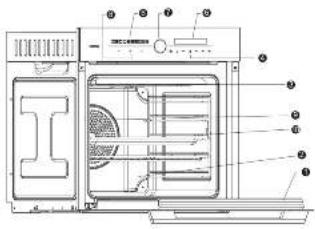 Technical diagram of an oven with numbered components for identification